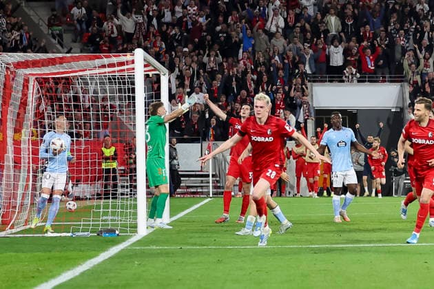 SC Freiburg celebrating a 3-0 goal by Matthias Ginter SC Freiburg, 28 , Germany, Football, UEFA Europa League, quarter-final, 2025 2026, SC Freiburg vs Celta Vigo, 09 04 2026, Freiburg im Breisgau Europa Park Stadion Stadion am Deutschland Copyright: xGrantxHubbsx