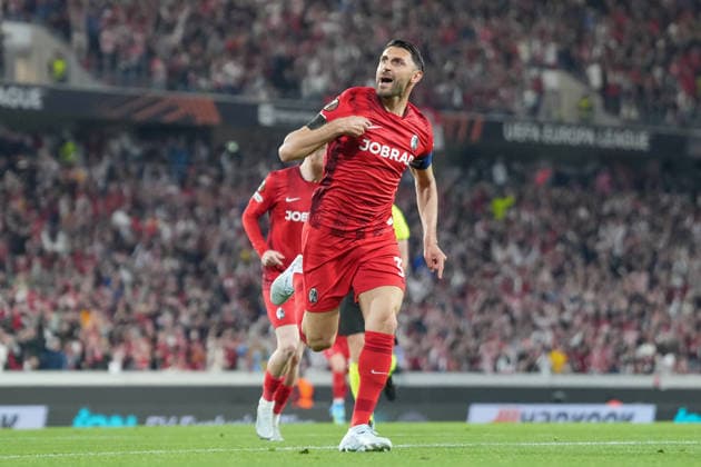 Vincenzo Grifo SC Freiburg, 32 goal celebration, emotions, goal shot, finish, goal success, goal, goal , Germany, football, UEFA Europa League, quarter-final, first leg, 2025 2026, SC Freiburg vs RC Celta de Vigo, 09 04 2026, Europa Park Stadion, Freiburg, Germany Freiburg Europa Park Stadion Baden Württemberg Germany Copyright: xArnexAmbergx