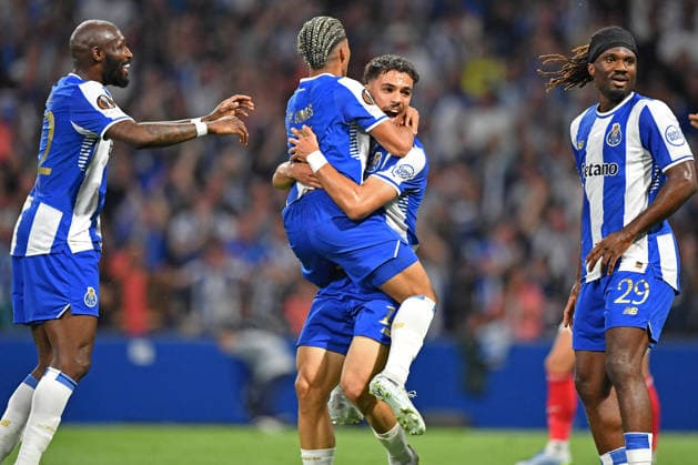 RECORD DATE NOT STATED 9th April 2026; Estadio do Dragao, Porto, Portugal, UEFA Europa League Football, Porto versus Nottingham Forest; William Gomes of FC Porto celebrates after scoring the first goal of his team with Gabri Veiga, Seko Fofana and Terem Moffi DanielxCastro DiaEsportivo