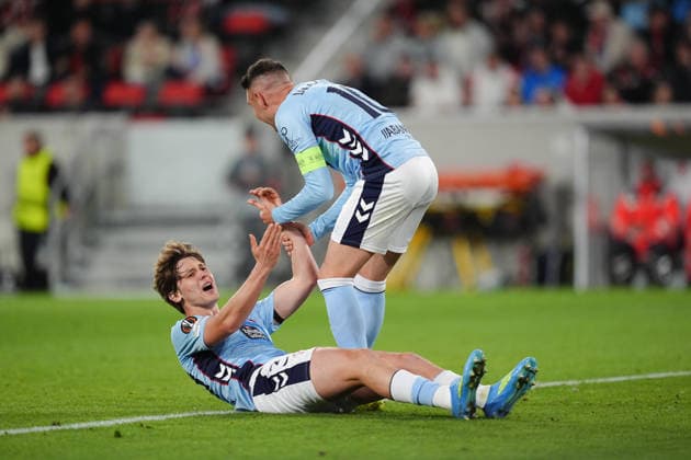 Germany UEFA Europa League quarter-final first leg 2025 26, SC Freiburg vs Celta Vigo Europa Park Stadion, Freiburg im Breisgau Fer Lopez 30 Celta on the ground after a good opportunity Copyright: xKjetilxWaberx