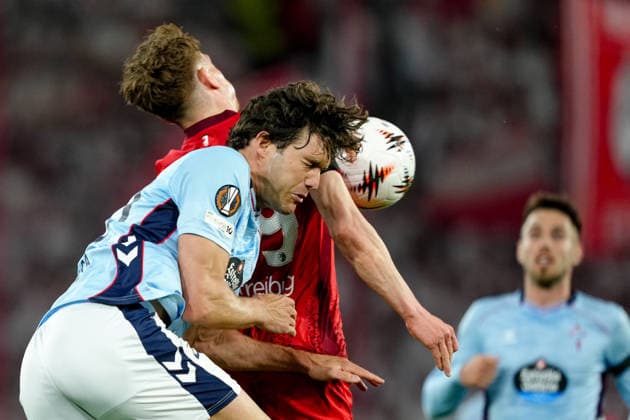 Germany UEFA Europa League quarter-final first leg 2025 26, SC Freiburg vs Celta Vigo Europa Park Stadion, Freiburg im Breisgau Marcos Alonso 20 Celta in duel with Philipp Treu 29 Freiburg Copyright: xKjetilxWaberx