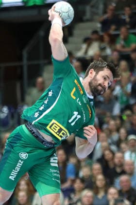 Handball DAIKIN HBL, SC DHfK Leipzig FRISCH AUF Göppingen 09 04 2026 Lukas Binder 11, SC DHfK Leipzig throws Handball, DAIKIN HBL, 1 Bundesliga, Season 2025 2026, 28 Matchday SC DHfK Leipzig vs FRISCH AUF Göppingen on 09 04 2026 at Quarterback Immobilien Arena Leipzig Copyright: xBEAUTIFULxSPORTS JanxKaeferx