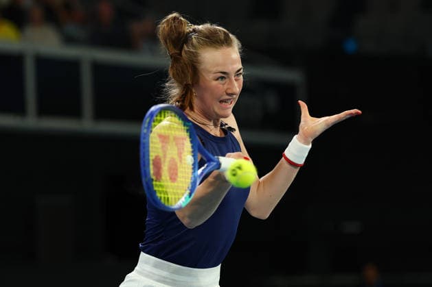 BILLIE JEAN CUP TENNIS, Mika Stojsavljevic of Britain plays a forehand against Tahlia Gibson of Australia during the Billie Jean King Cup qualifier match between Australia and Britain at John Cain Arena in Melbourne, Friday, April 10, 2026. ( NO ARCHIVING, EDITORIAL USE ONLY MELBOURNE VICTORIA AUSTRALIA  Copyright: xMORGANxHANCOCKx 20260410126637556148
