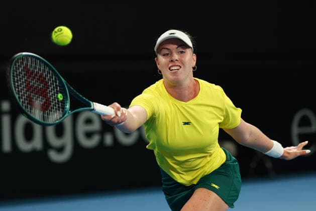 BILLIE JEAN CUP TENNIS, Tahlia Gibson of Australia plays a forehand against Mika Stojsavljevic of Britain during the Billie Jean King Cup qualifier match between Australia and Britain at John Cain Arena in Melbourne, Friday, April 10, 2026. ( NO ARCHIVING, EDITORIAL USE ONLY MELBOURNE VICTORIA AUSTRALIA  Copyright: xMORGANxHANCOCKx 20260410184711004508