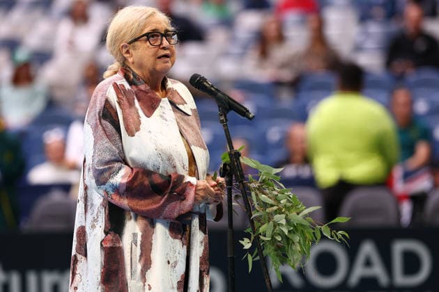 BILLIE JEAN CUP TENNIS, Aunty Joy Murphy conducts a welcome to country during an opening ceremony ahead of the Billie Jean King Cup qualifier match between Australia and Britain at John Cain Arena in Melbourne, Friday, April 10, 2026. ( NO ARCHIVING, EDITORIAL USE ONLY MELBOURNE VICTORIA AUSTRALIA  Copyright: xMORGANxHANCOCKx 20260410149226175130