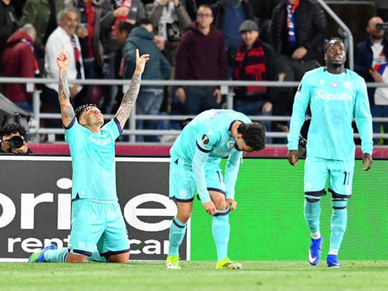 Bologna v Aston Villa, UEFA Europa League, Quarter Final, Football, Renato dall Ara, Bologna, ITA - 09 Apr 2026 Santiago Castro of Bologna celebrates but his goal is dissallowed Bologna Renato dall Ara Bologna ITA, UK NEWSPAPERS OUT Copyright: xMarkxEnfieldx