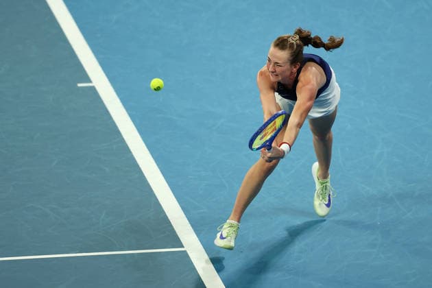BILLIE JEAN CUP TENNIS, Mika Stojsavljevic of Britain plays a backhand against Tahlia Gibson of Australia during the Billie Jean King Cup qualifier match between Australia and Britain at John Cain Arena in Melbourne, Friday, April 10, 2026. ( NO ARCHIVING, EDITORIAL USE ONLY MELBOURNE VICTORIA AUSTRALIA  Copyright: xMORGANxHANCOCKx 20260410145186713970