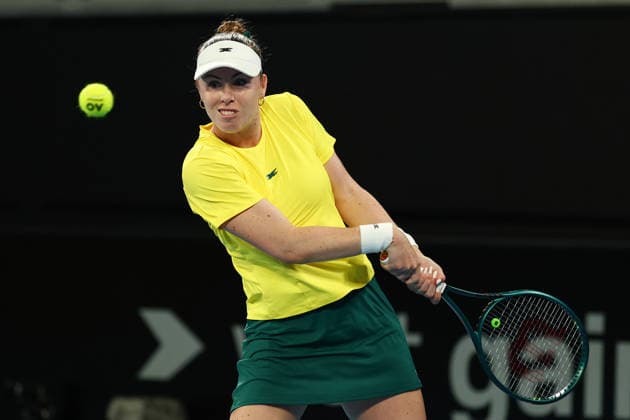 BILLIE JEAN CUP TENNIS, Tahlia Gibson of Australia plays a backhand against Mika Stojsavljevic of Britain during the Billie Jean King Cup qualifier match between Australia and Britain at John Cain Arena in Melbourne, Friday, April 10, 2026. ( NO ARCHIVING, EDITORIAL USE ONLY MELBOURNE VICTORIA AUSTRALIA  Copyright: xMORGANxHANCOCKx 20260410136101522714