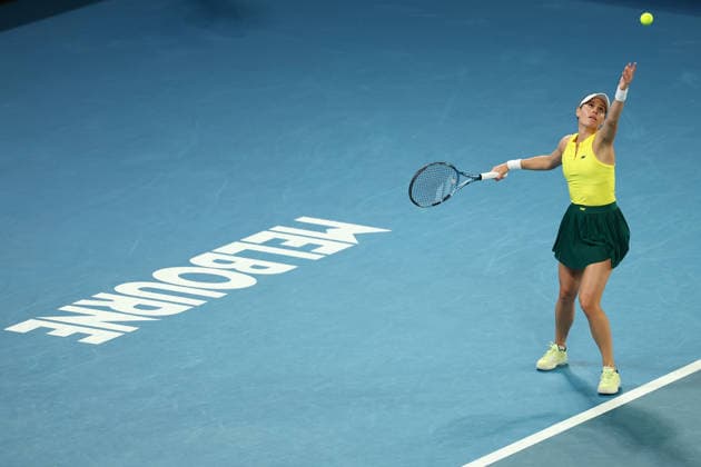 BILLIE JEAN CUP TENNIS, Kimberly Birrell of Australia serves against Harriet Dart of Britain during the Billie Jean King Cup qualifier match between Australia and Britain at John Cain Arena in Melbourne, Friday, April 10, 2026. ( NO ARCHIVING, EDITORIAL USE ONLY MELBOURNE VICTORIA AUSTRALIA  Copyright: xMORGANxHANCOCKx 20260410116394040684