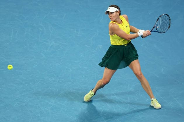 BILLIE JEAN CUP TENNIS, Kimberly Birrell of Australia plays a backhand against Harriet Dart of Britain during the Billie Jean King Cup qualifier match between Australia and Britain at John Cain Arena in Melbourne, Friday, April 10, 2026. ( NO ARCHIVING, EDITORIAL USE ONLY MELBOURNE VICTORIA AUSTRALIA  Copyright: xMORGANxHANCOCKx 20260410179601021301