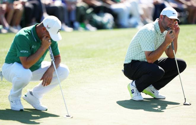 (260410) -- AUGUSTA, April 10, 2026 -- Scottie Scheffler (R) of the United States reacts during the round 1 of the 2026 Masters golf tournament at Augusta National Golf Club in Augusta, the United States, on April 9, 2026. ) (SP)U.S.-AUGUSTA-GOLF-2026 MASTERS-ROUND 1 WuxXiaoling 