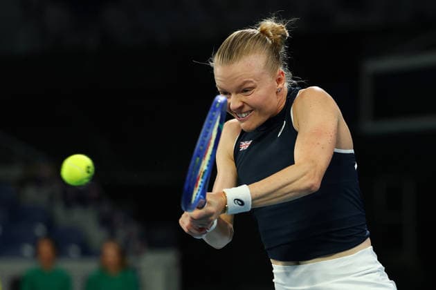 BILLIE JEAN CUP TENNIS, Harriet Dart of Britain plays a backhand against Kimberly Birrell of Australia during the Billie Jean King Cup qualifier match between Australia and Britain at John Cain Arena in Melbourne, Friday, April 10, 2026. ( NO ARCHIVING, EDITORIAL USE ONLY MELBOURNE VICTORIA AUSTRALIA  Copyright: xMORGANxHANCOCKx 20260410160359220518