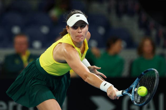 BILLIE JEAN CUP TENNIS, Kimberly Birrell of Australia plays a backhand against Harriet Dart of Britain during the Billie Jean King Cup qualifier match between Australia and Britain at John Cain Arena in Melbourne, Friday, April 10, 2026. ( NO ARCHIVING, EDITORIAL USE ONLY MELBOURNE VICTORIA AUSTRALIA  Copyright: xMORGANxHANCOCKx 20260410155322988974