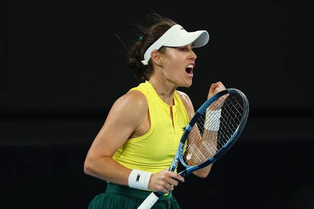 BILLIE JEAN CUP TENNIS, Kimberly Birrell of Australia celebrates against Harriet Dart of Britain during the Billie Jean King Cup qualifier match between Australia and Britain at John Cain Arena in Melbourne, Friday, April 10, 2026. ( NO ARCHIVING, EDITORIAL USE ONLY MELBOURNE VICTORIA AUSTRALIA  Copyright: xMORGANxHANCOCKx 20260410155745804503