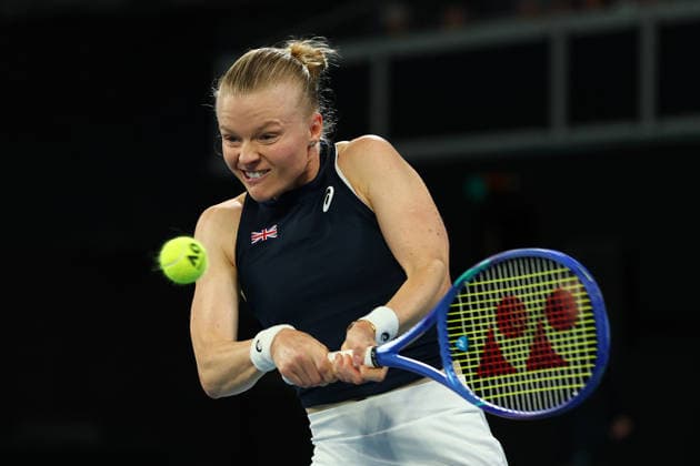 BILLIE JEAN CUP TENNIS, Harriet Dart of Britain plays a backhand against Kimberly Birrell of Australia during the Billie Jean King Cup qualifier match between Australia and Britain at John Cain Arena in Melbourne, Friday, April 10, 2026. ( NO ARCHIVING, EDITORIAL USE ONLY MELBOURNE VICTORIA AUSTRALIA  Copyright: xMORGANxHANCOCKx 20260410171141357550