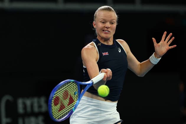 BILLIE JEAN CUP TENNIS, Harriet Dart of Britain plays a forehand against Kimberly Birrell of Australia during the Billie Jean King Cup qualifier match between Australia and Britain at John Cain Arena in Melbourne, Friday, April 10, 2026. ( NO ARCHIVING, EDITORIAL USE ONLY MELBOURNE VICTORIA AUSTRALIA  Copyright: xMORGANxHANCOCKx 20260410173040926662