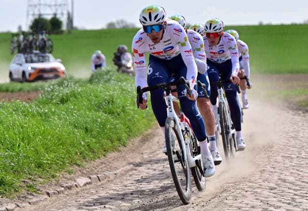 Team TotalEnergies riders pictured in action during the reconnaissance of the track ahead of this year s Paris-Roubaix cycling race, Friday 10 April 2026, around Roubaix, France. The 123rd edition of Paris-Roubaix cycling races will take on Sunday, with the women riding 143,1 km the men riding 258,3 km on Sunday. DIRKxWAEM  x170379768x