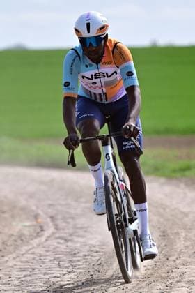 Eritrean Biniam Girmay of NSN Cycling Team pictured in action during the reconnaissance of the track ahead of this year s Paris-Roubaix cycling race, Friday 10 April 2026, around Roubaix, France. The 123rd edition of Paris-Roubaix cycling races will take on Sunday, with the women riding 143,1 km the men riding 258,3 km on Sunday. DIRKxWAEM  x170380843x