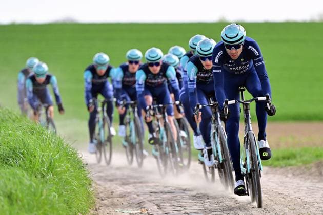 Bahrain Victorious riders pictured in action during the reconnaissance of the track ahead of this year s Paris-Roubaix cycling race, Friday 10 April 2026, around Roubaix, France. The 123rd edition of Paris-Roubaix cycling races will take on Sunday, with the women riding 143,1 km the men riding 258,3 km on Sunday. DIRKxWAEM  x170382313x