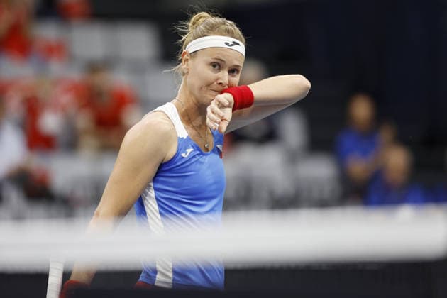 Marie Bouzkova player of the Czech national tennis team in the Billie Jean King Cup in action during the Switzerland vs. Czech Republic match, Biel, Switzerland, April 10, 2026. (CTKxPhoto PavelxLebeda) CTKPhotoF202604100012901  CTKPhotoF202604100012901