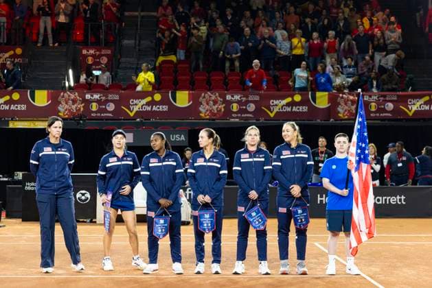 Billy Jean King cup Belgium v USA OOSTENDE, BELGIUM - APRIL 10 : Team USA before a game of Hanne Vandewinkel of Belgium versus Iva Jovic (USA) pictured during a single match between Belgium and USA during the Billy Jean King cup 2026 Qualifiers at the Coretec Dome on April 10, 2026 in Oostende, Belgium, 10 04 2026 Oostende Belgium  Copyright: xXpix