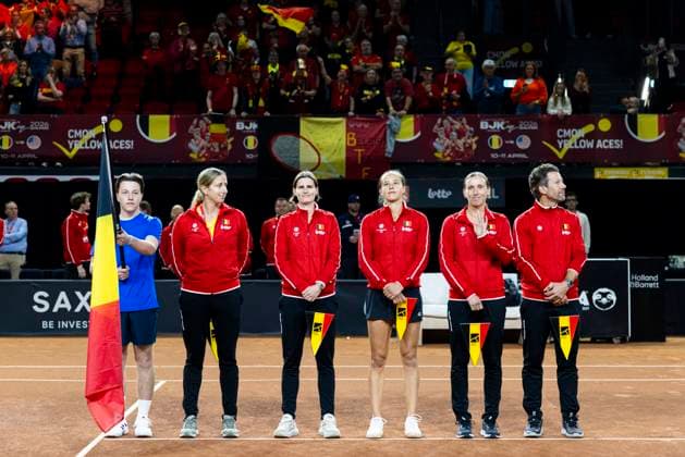 Billy Jean King cup Belgium v USA OOSTENDE, BELGIUM - APRIL 10 : Team Belgium before a game of Hanne Vandewinkel of Belgium versus Iva Jovic (USA) pictured during a single match between Belgium and USA during the Billy Jean King cup 2026 Qualifiers at the Coretec Dome on April 10, 2026 in Oostende, Belgium, 10 04 2026 Oostende Belgium  Copyright: xXpix
