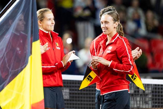 Billy Jean King cup Belgium v USA OOSTENDE, BELGIUM - APRIL 10 : Elise Mertens of Belgium Hanne Vandewinkel of Belgium versus Iva Jovic (USA) pictured during a single match between Belgium and USA during the Billy Jean King cup 2026 Qualifiers at the Coretec Dome on April 10, 2026 in Oostende, Belgium, 10 04 2026 Oostende Belgium  Copyright: xXpix