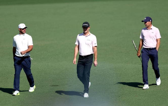 Golf 2026 Masters Tournament - Round 2 (from L) Brooks Koepka of the USA, Justin Rose of England and Jordan Spieth of the USA walk down the fairway on Hole 2 in Round 2 of the 2026 Masters tournament in August, Georgia, USA, 10 April 2026. Augusta United States  Copyright: xCHRISxTORRESx