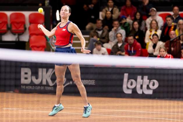Billy Jean King cup Belgium v USA OOSTENDE, BELGIUM - APRIL 10 : Elise Mertens of Belgium versus Mccartney Kessler (USA) pictured during a single match between Belgium and USA during the Billy Jean King cup 2026 Qualifiers at the Coretec Dome on April 10, 2026 in Oostende, Belgium, 10 04 2026 Oostende Belgium  Copyright: xXpix