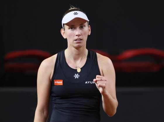 Belgian Elise Mertens reacts during the second game between Belgian Mertens WTA, Tennis Damen 20) and US Kessler (WTA 48) on the first day of tennis matches between Belgium and USA, in the qualifiers of the Billie Jean King Cup tennis, in Oostende, Belgium, on Friday 10 April 2026. The meeting takes place on 10 and 11th April. PHOTO BENOITxDOPPAGNE  x170425203x