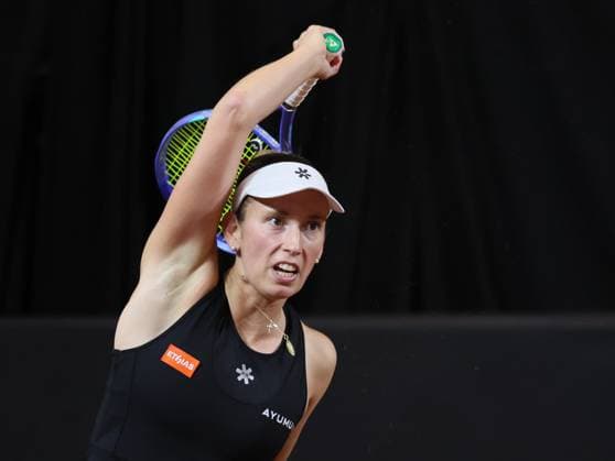 Belgian Elise Mertens pictured in action during the second game between Belgian Mertens WTA, Tennis Damen 20) and US Kessler (WTA 48) on the first day of tennis matches between Belgium and USA, in the qualifiers of the Billie Jean King Cup tennis, in Oostende, Belgium, on Friday 10 April 2026. The meeting takes place on 10 and 11th April. PHOTO BENOITxDOPPAGNE  x170425493x