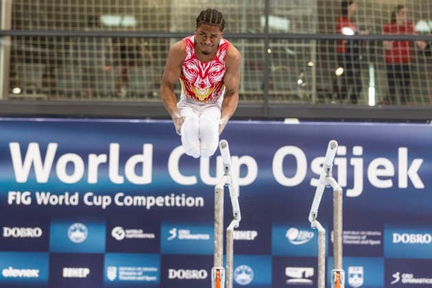 DOBRO FIG Apparatus World Cup Osijek 2026 Qualifications Thierno Diallo of Spain performs on the parallel bars during the DOBRO FIG Apparatus World Cup Osijek 2026 Qualifications at Sports Hall Gradski vrt on April 10, 2026. in Osijek, Croatia.  DavorxJavorovic PIXSELL