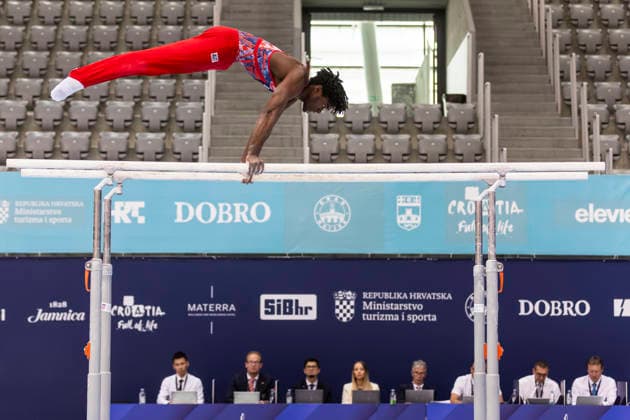 DOBRO FIG Apparatus World Cup Osijek 2026 Qualifications Alfred Schwaiger of Austria performs on the parallel bars during the DOBRO FIG Apparatus World Cup Osijek 2026 Qualifications at Sports Hall Gradski vrt on April 10, 2026. in Osijek, Croatia.  DavorxJavorovic PIXSELL