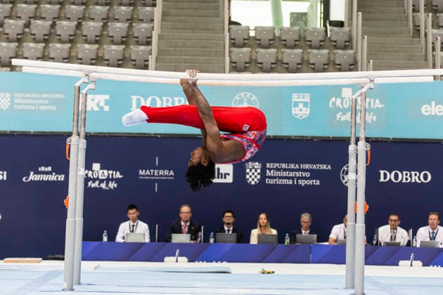 DOBRO FIG Apparatus World Cup Osijek 2026 Qualifications Alfred Schwaiger of Austria performs on the parallel bars during the DOBRO FIG Apparatus World Cup Osijek 2026 Qualifications at Sports Hall Gradski vrt on April 10, 2026. in Osijek, Croatia.  DavorxJavorovic PIXSELL