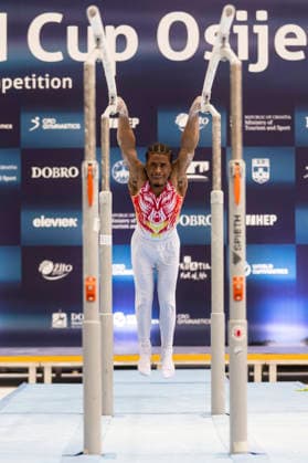 DOBRO FIG Apparatus World Cup Osijek 2026 Qualifications Thierno Diallo of Spain performs on the parallel bars during the DOBRO FIG Apparatus World Cup Osijek 2026 Qualifications at Sports Hall Gradski vrt on April 10, 2026. in Osijek, Croatia.  DavorxJavorovic PIXSELL