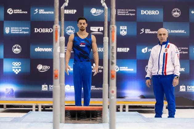 DOBRO FIG Apparatus World Cup Osijek 2026 Qualifications Petar Vefic of Serbia performs on the parallel bars during the DOBRO FIG Apparatus World Cup Osijek 2026 Qualifications at Sports Hall Gradski vrt on April 10, 2026. in Osijek, Croatia.  DavorxJavorovic PIXSELL