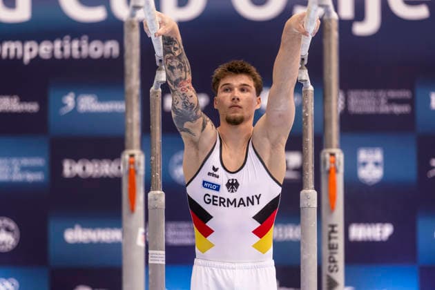 DOBRO FIG Apparatus World Cup Osijek 2026 Qualifications Pascal Brendel of Germany performs on the parallel bars during the DOBRO FIG Apparatus World Cup Osijek 2026 Qualifications at Sports Hall Gradski vrt on April 10, 2026. in Osijek, Croatia.  DavorxJavorovic PIXSELL