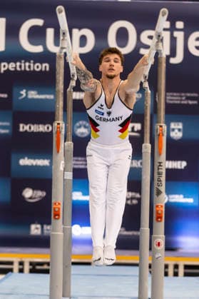 DOBRO FIG Apparatus World Cup Osijek 2026 Qualifications Pascal Brendel of Germany performs on the parallel bars during the DOBRO FIG Apparatus World Cup Osijek 2026 Qualifications at Sports Hall Gradski vrt on April 10, 2026. in Osijek, Croatia.  DavorxJavorovic PIXSELL