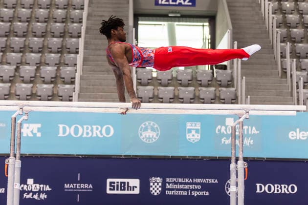 DOBRO FIG Apparatus World Cup Osijek 2026 Qualifications Alfred Schwaiger of Austria performs on the parallel bars during the DOBRO FIG Apparatus World Cup Osijek 2026 Qualifications at Sports Hall Gradski vrt on April 10, 2026. in Osijek, Croatia.  DavorxJavorovic PIXSELL