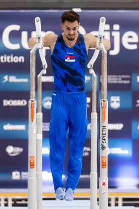 DOBRO FIG Apparatus World Cup Osijek 2026 Qualifications Petar Vefic of Serbia performs on the parallel bars during the DOBRO FIG Apparatus World Cup Osijek 2026 Qualifications at Sports Hall Gradski vrt on April 10, 2026. in Osijek, Croatia.  DavorxJavorovic PIXSELL