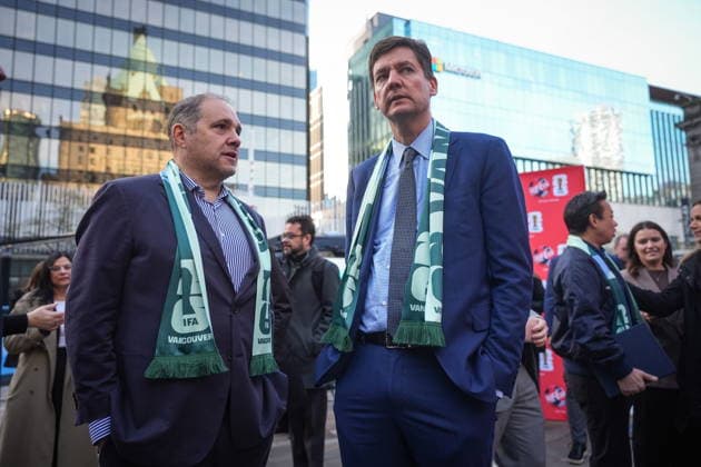 April 10, 2026, Vancouver, Bc, CANADA: FIFA vice president and CONCACAF president Victor Montagliani, left, and B.C. Premier David Eby talk during the launch of the FIFA World Cup, WM, Weltmeisterschaft, Fussball trophy tour, in Vancouver, on Friday, April 10, 2026. Canada News - April 10, 2026  - ZUMAc35_ 20260410_zaf_c35_024 Copyright: xDarrylxDyckx