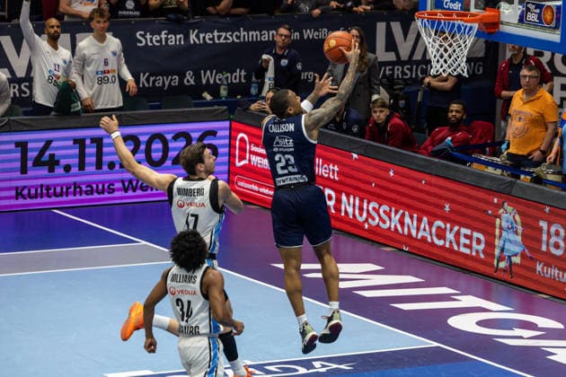 GER, easy Credit Basketball Bundesliga, Syntainics MBC Veolia Towers Hamburg 10 04 2026, Stadthalle, Weißenfels, GER, easy Credit Basketball Bundesliga, Syntainics MBC Veolia Towers Hamburg Charles Callison Syntainics MBC, 23 Â Photo Alexander Trienitz Weißenfels Stadthalle Sachsen Anhalt Germany