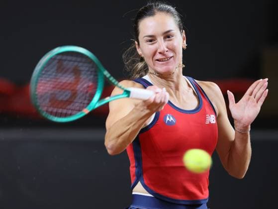 American McCartney Kessler pictured in action during the second game between Belgian Mertens WTA, Tennis Damen 20) and US Kessler (WTA 48) on the first day of tennis matches between Belgium and USA, in the qualifiers of the Billie Jean King Cup tennis, in Oostende, Belgium, on Friday 10 April 2026. The meeting takes place on 10 and 11th April. PHOTO BENOITxDOPPAGNE  x170432278x