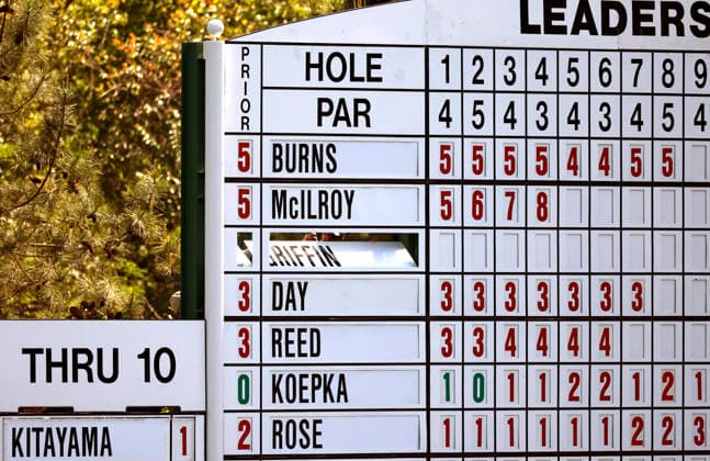 Scorekeepers change the leaderboard during the second day of the Masters Tournament at Augusta National Golf Club on Friday, April 10, 2026, in Augusta, Georgia.  AUG20260410824 JOHNxANGELILLO