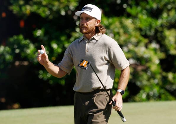 Tommy Fleetwood of England reacts after putting on the 11th green during the second day of the Masters Tournament at Augusta National Golf Club on Friday, April 10, 2026, in Augusta, Georgia.  AUG20260410827 JOHNxANGELILLO