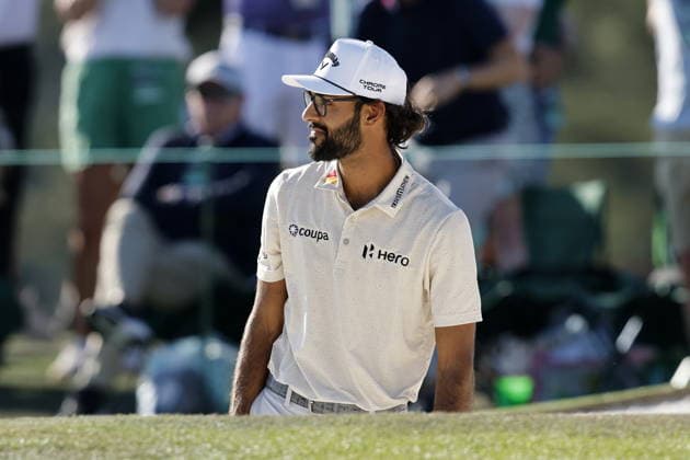 Golf 2026 Masters Tournament - Round 2 Akshay Bhatia of USA reacts after hitting a birdie from the bunker on the 17th hole during Round 2 of the 2026 Masters tournament in August, Georgia, USA, 10 April 2026. Augusta United States  Copyright: xERIKxS.xLESSERx