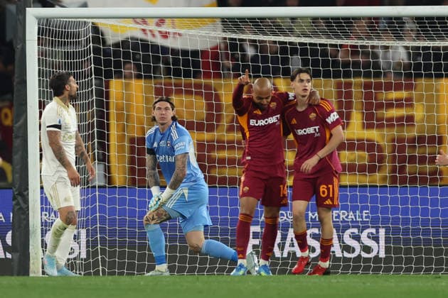 April 10, 2026, Rome, Lazio, Italy: RomaÃ¢â‚¬â ¢s Dinyell Malen celebrates after scoring their third gol during Serie A soccer match AS Roma - Pisa SC Stadio Olimpico on April 10, 2026 in Rome , Italy. Rome Italy - ZUMAl131 20260410_zsp_l131_028 Copyright: xCiroxDexLucax