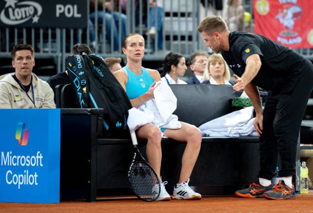 Katarzyna Kawa Vs Elina Svitolina - Billie Jean King Cup Qualifiers. Elina Svitolina and Illya Marchenko are seen during the Billie Jean King Cup Qualifiers, women s singles tennis match against Poland at the PreZero Arena in Gliwice, Poland, on April 10, 2026. Gliwice Poland  Copyright: xMarcinxGolbax originalFilename:golba-katarzyn260410_npWOs.jpg