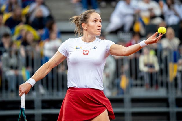 Katarzyna Kawa Vs Elina Svitolina - Billie Jean King Cup Qualifiers. Katarzyna Kawa of Poland competes in the Billie Jean King Cup Qualifiers, women s singles tennis match against Ukraine at the PreZero Arena in Gliwice, Poland, on April 10, 2026. Gliwice Poland  Copyright: xMarcinxGolbax originalFilename:golba-katarzyn260410_npBEQ.jpg