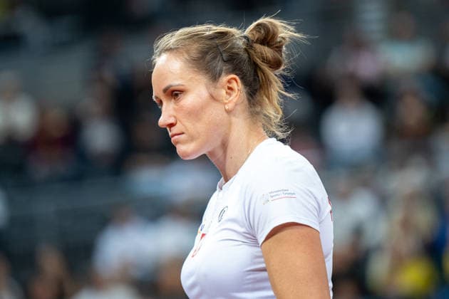 Katarzyna Kawa Vs Elina Svitolina - Billie Jean King Cup Qualifiers. Katarzyna Kawa of Poland competes in the Billie Jean King Cup Qualifiers, women s singles tennis match against Ukraine at the PreZero Arena in Gliwice, Poland, on April 10, 2026. Gliwice Poland  Copyright: xMarcinxGolbax originalFilename:golba-katarzyn260410_npde0.jpg